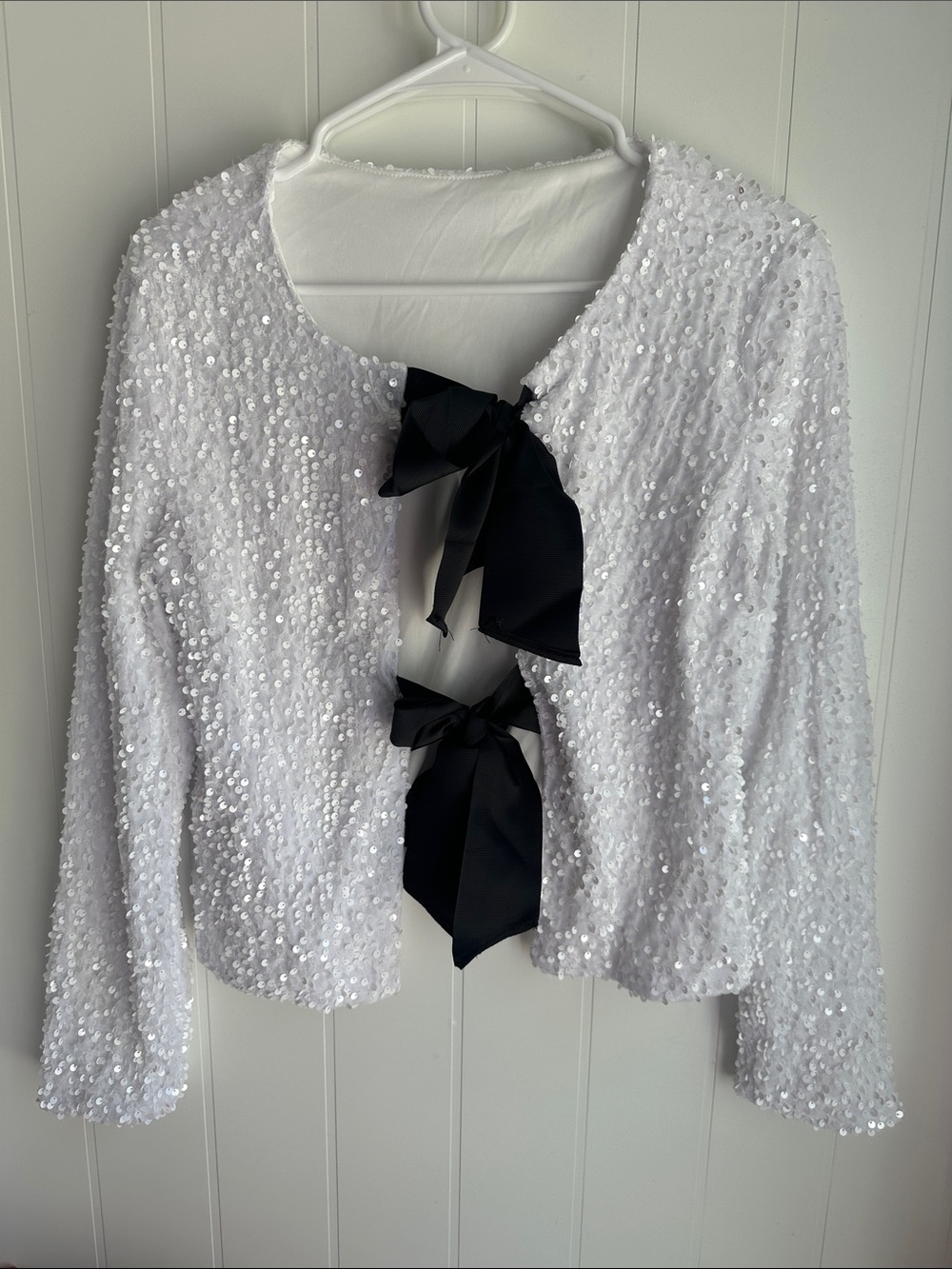 Amazon Essentials White Sequin Tie-Front Cardigan with Black Bows